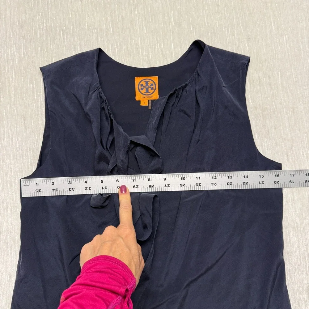 Tory Burch Silk Blouse Top Women 2 Navy Blue Sleeveless Ruffle Career Elegant